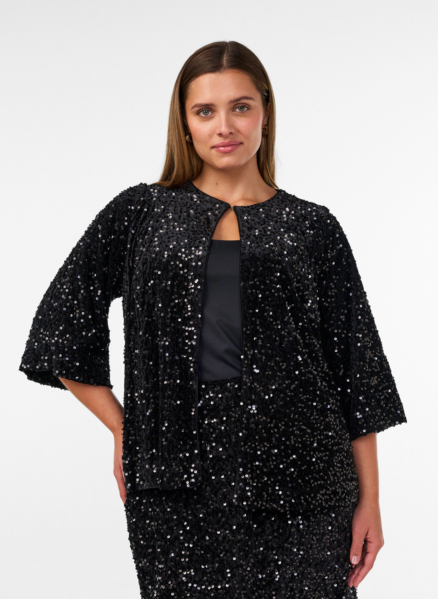ZizzifashionCardigan with sequins and 3/4 sleeves, Black, Model image number 0