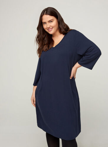 Dress with a V-neck and 3/4 length sleeves, Navy Blazer, Model image number 0