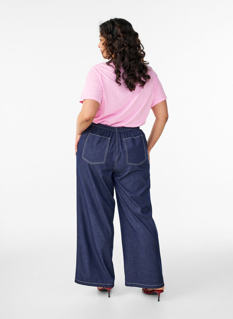Denim-look trousers with contrast stitching, Blue, Model image number 1