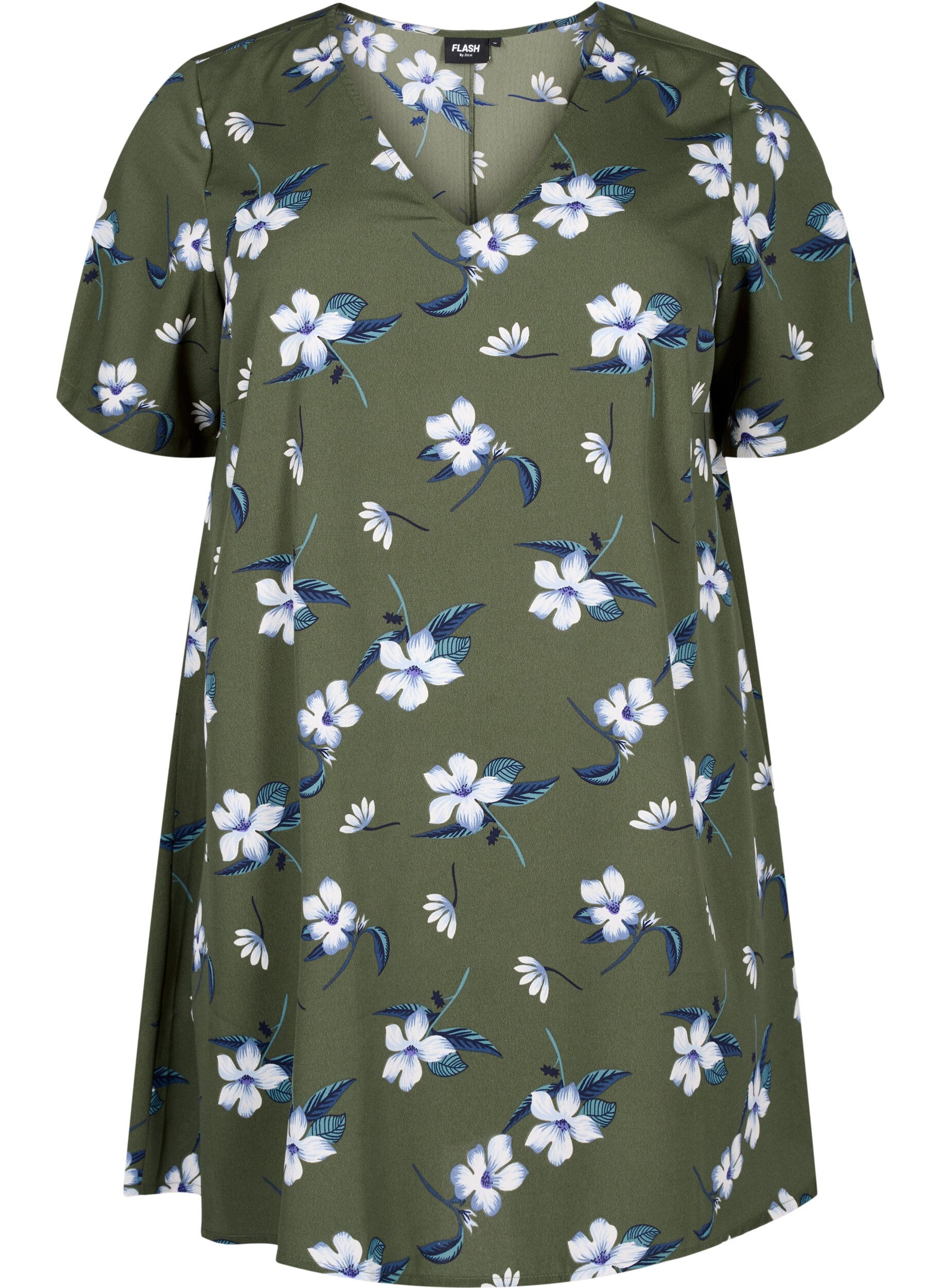 Zizzifashion FLASH - Tunic with v neck and print, Olive Night Flower, Packshot image number 0
