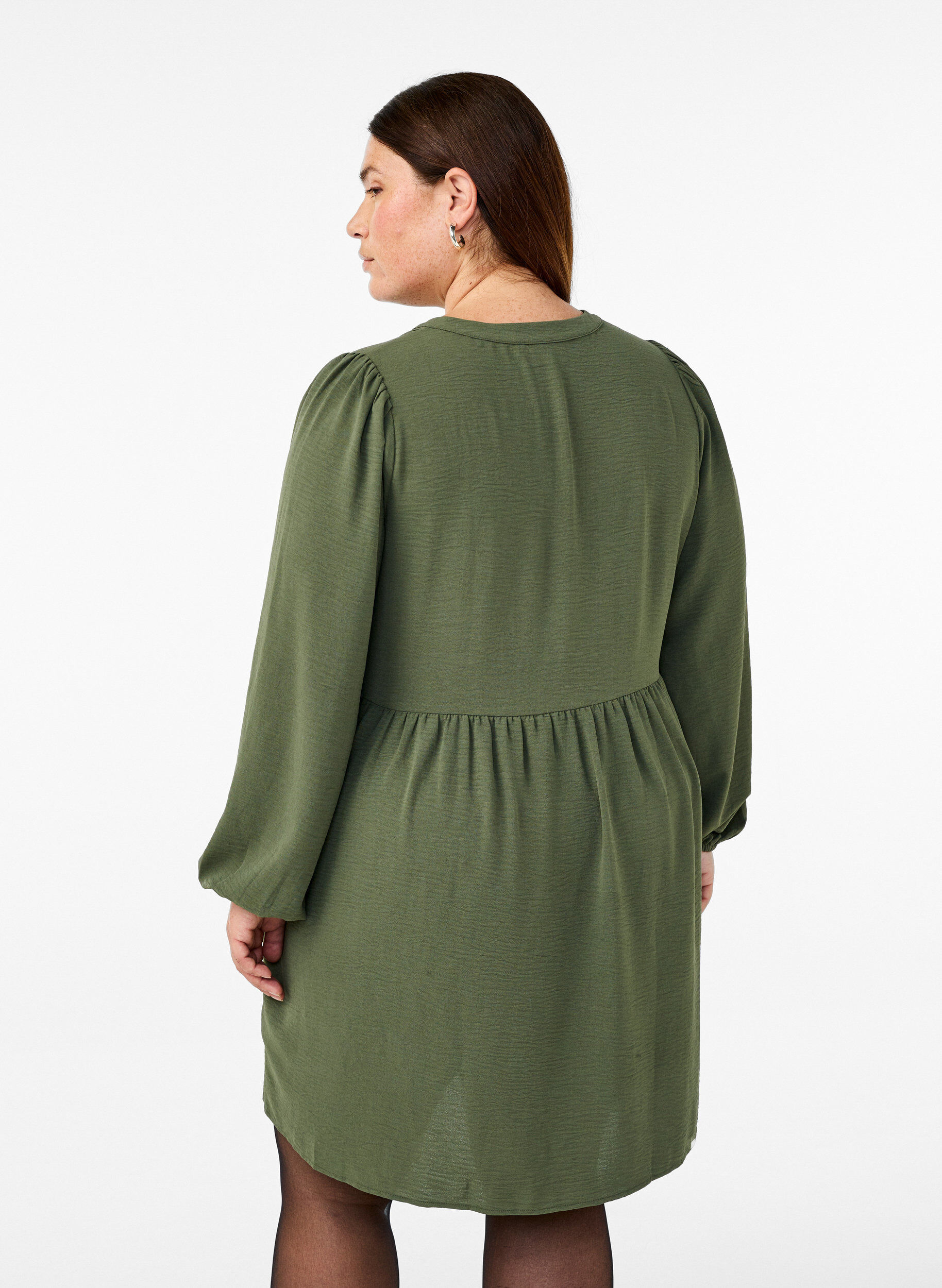 Zizzifashion FLASH - Short dress with pleats and long sleeves, Green, Model image number 1