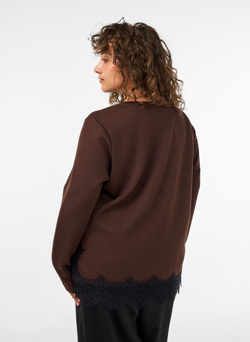Jersey blouse with lace trim, Brown, Model image number 2