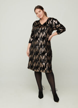 Long-sleeved velour dress with sequins, Black w. Sequins, Model image number 2