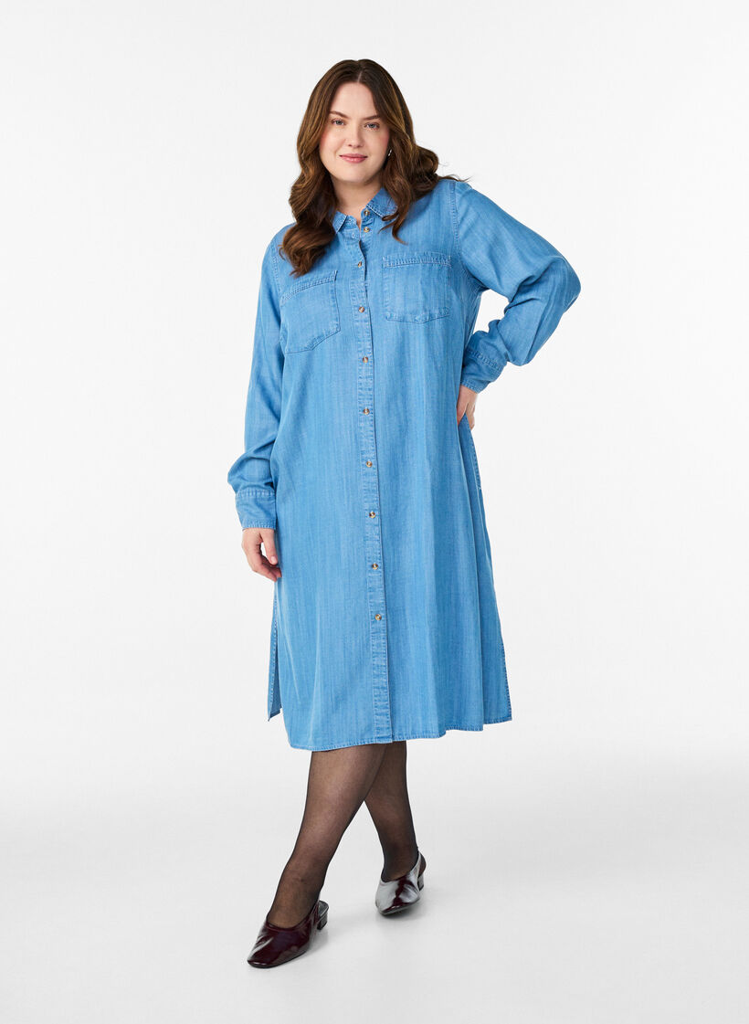 Midi shirt dress in soft lyocell denim, Light Blue, Model image number 0