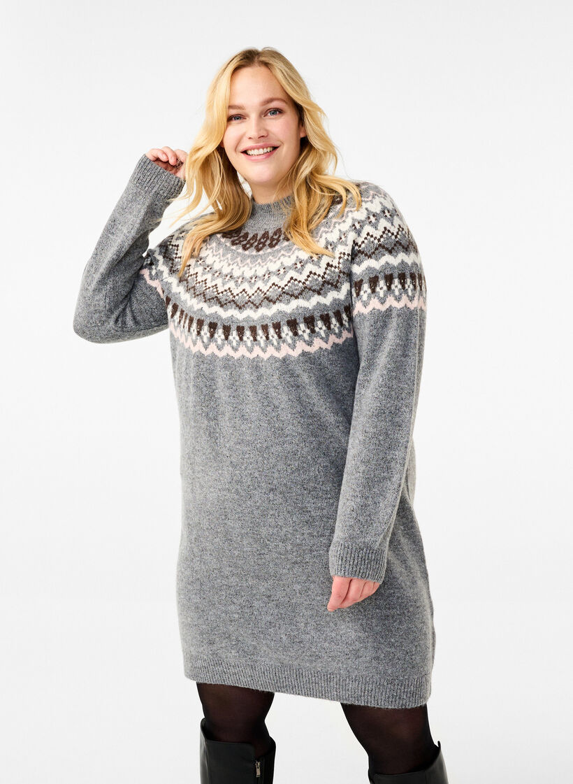 Knitted dress with jacquard pattern and long sleeves, Medium Grey Comb, Model image number 0