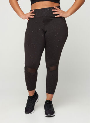 Cropped sports leggings with print and mesh, Black, Model image number 2