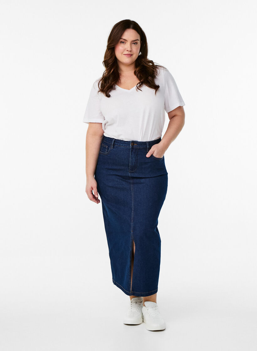 FLASH - Midi denim skirt with a front slit, Blue, Model image number 0