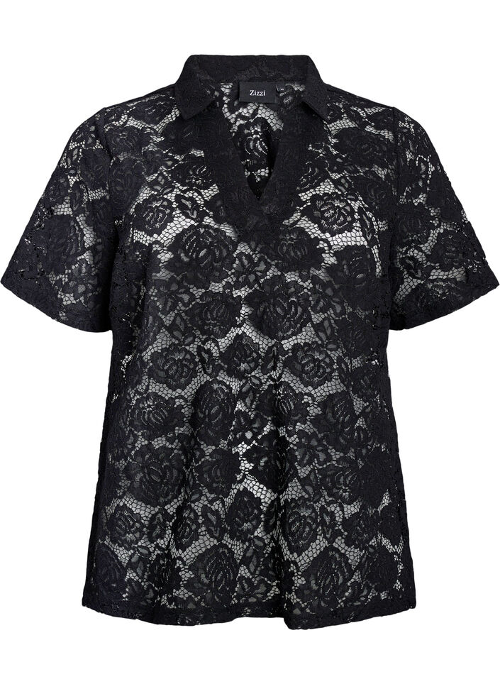 Lace blouse with a collar and V-neck, Black, Packshot image number 0