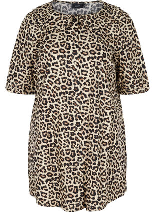 Short-sleeved cotton tunic with leopard print, Oyster Grey AOP, Packshot image number 0