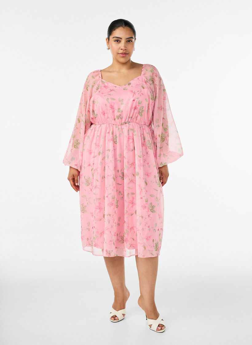 Chiffon party dress with long sleeves, Rose, Model image number 0