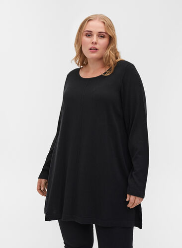Plain knitted blouse with rounded neckline, Black, Model image number 0