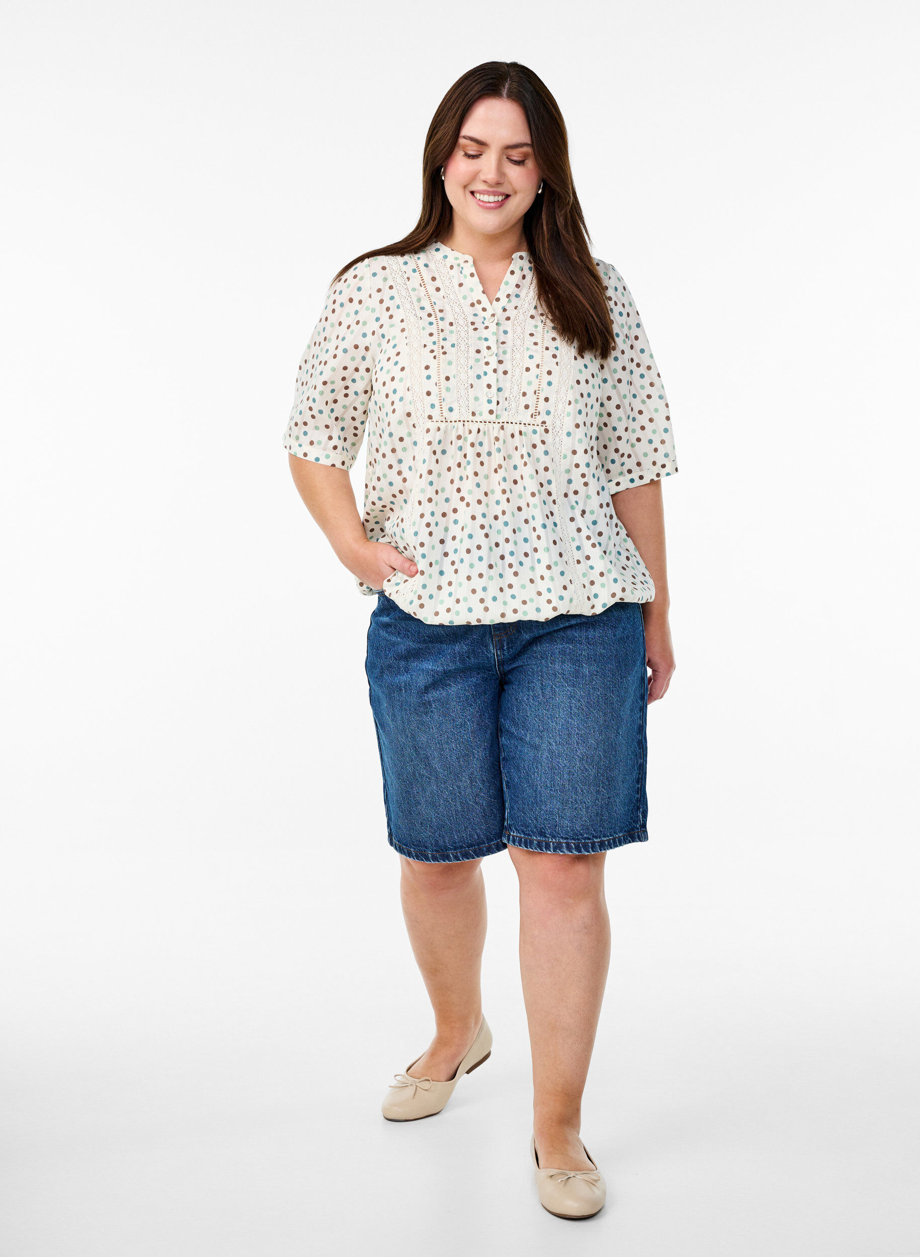 Zizzifashion Blouse with print and 1/2 sleeves, White, Model image number 1