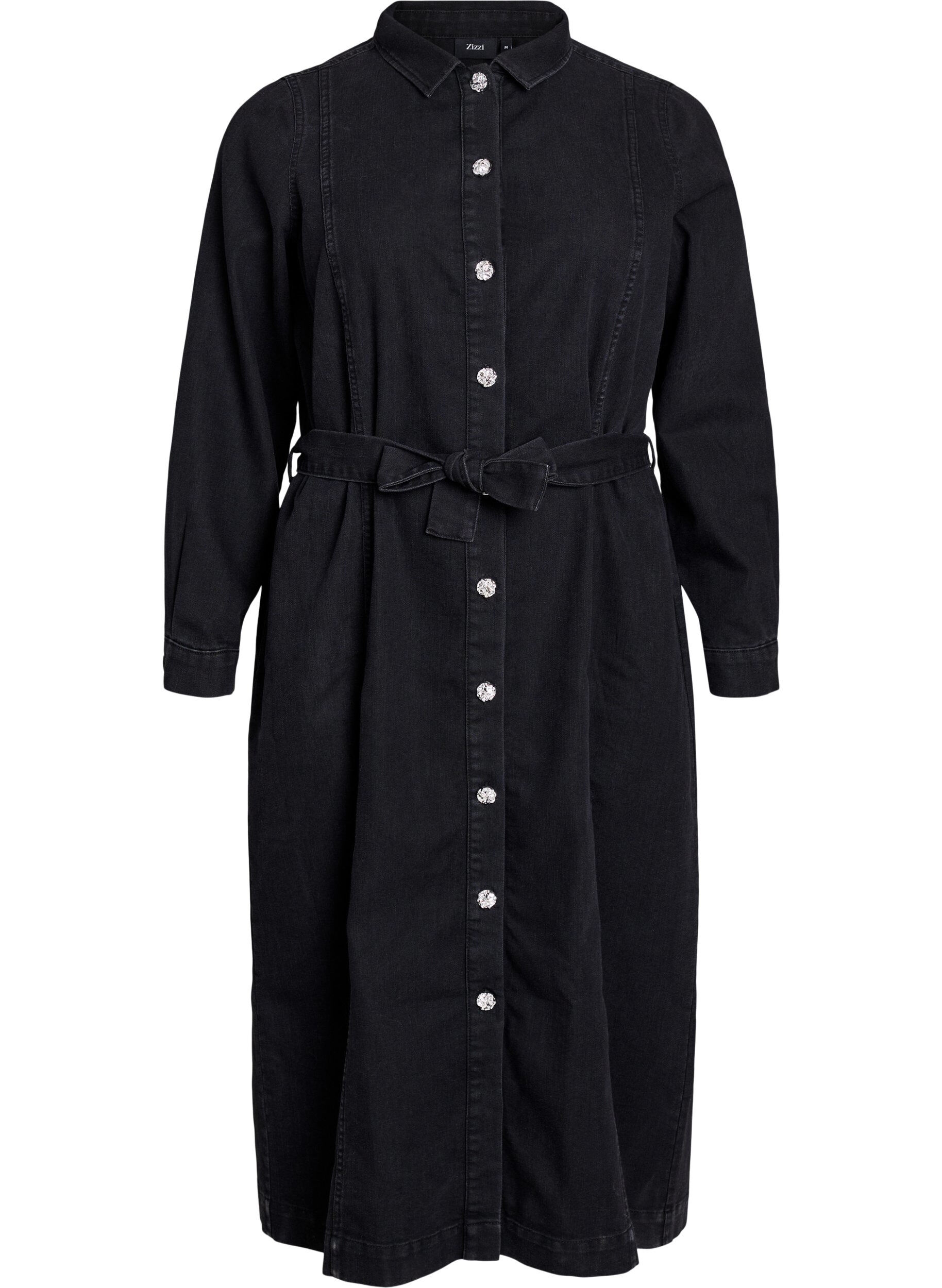 Denim midi dress with a belt and decorative buttons