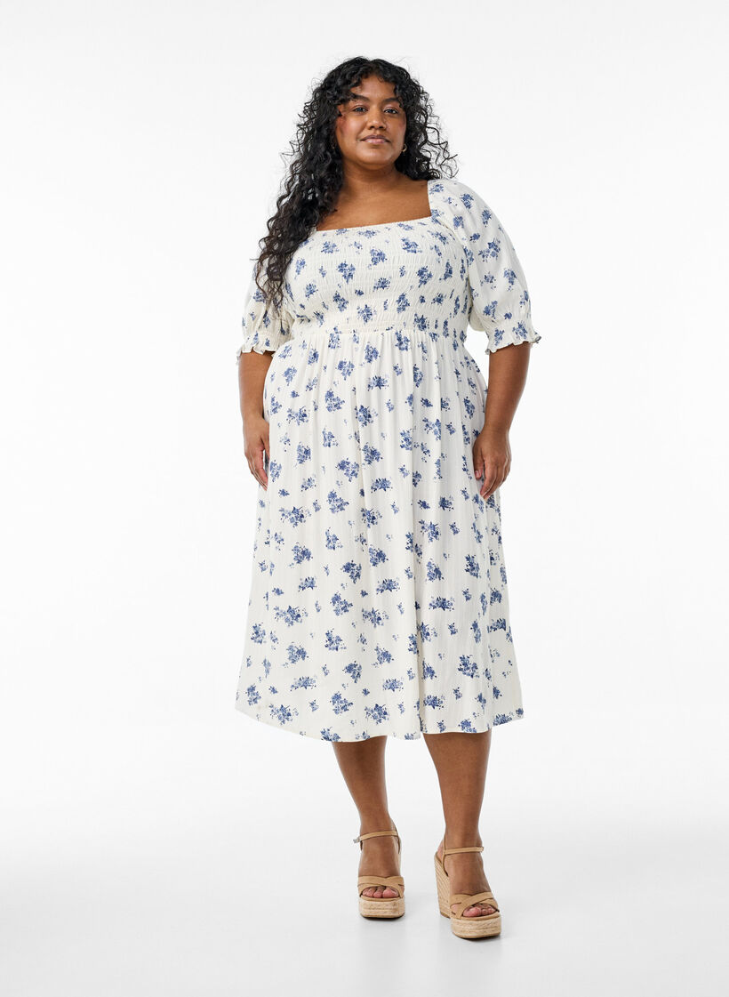 Floral viscose midi dress with smock, White, Model image number 0