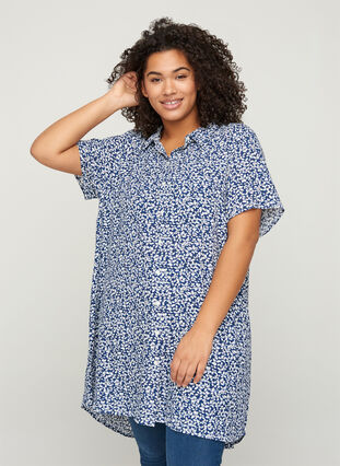 Short-sleeved viscose tunic with buttons, Petit Blue Flower, Model image number 0