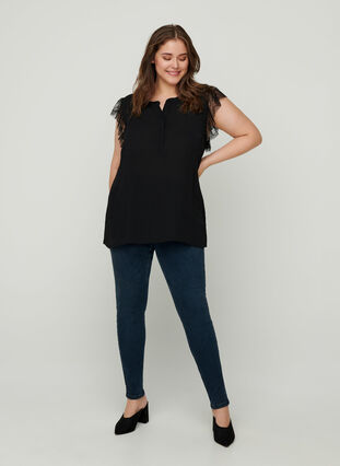 Short-sleeved top with lace, Black, Model image number 3