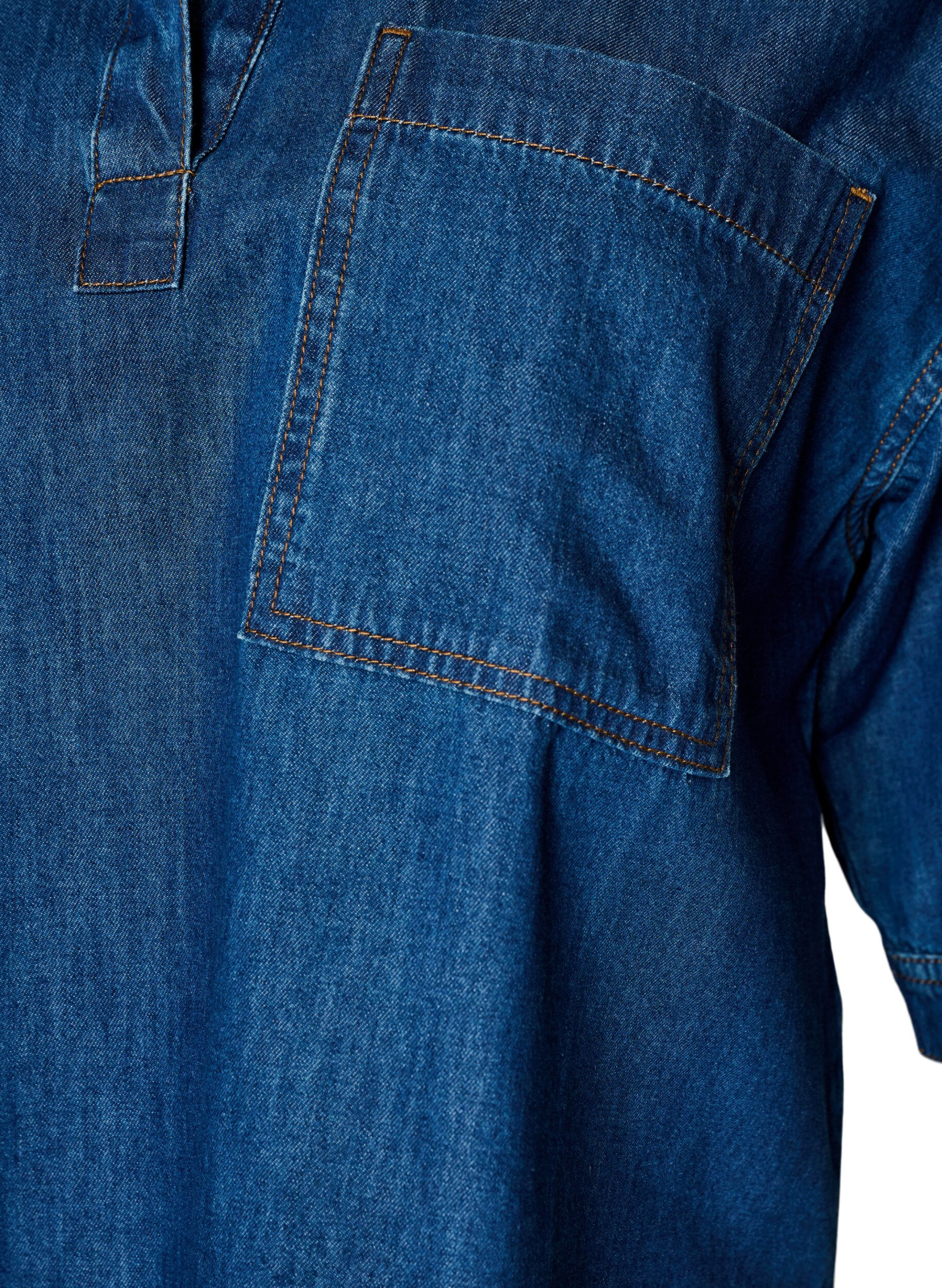 ZizzifashionDenim blouse with a chest pocket and elbow-length sleeves, Blue, Packshot image number 2