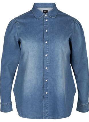 Denim shirt with puff sleeves, Blue denim, Packshot image number 0