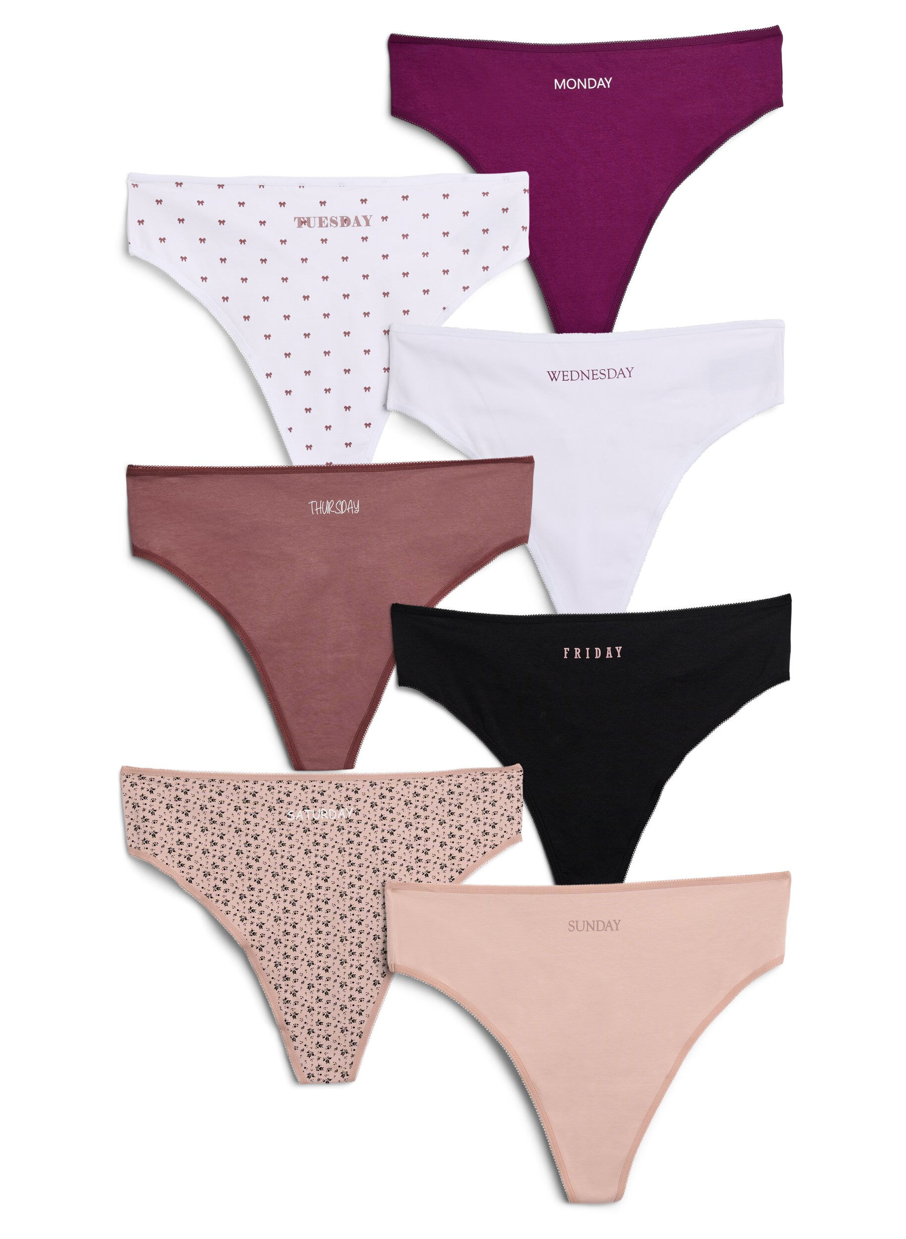 Zizzifashion 7-pack G-strings in cotton with weekdays printed, Rose, Packshot image number 0