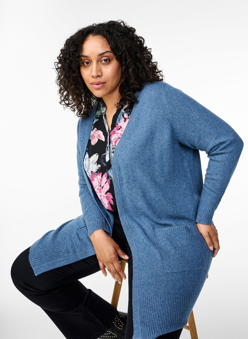 Ribbed Knit Cardigan with Pockets, Blue, Image image number 0