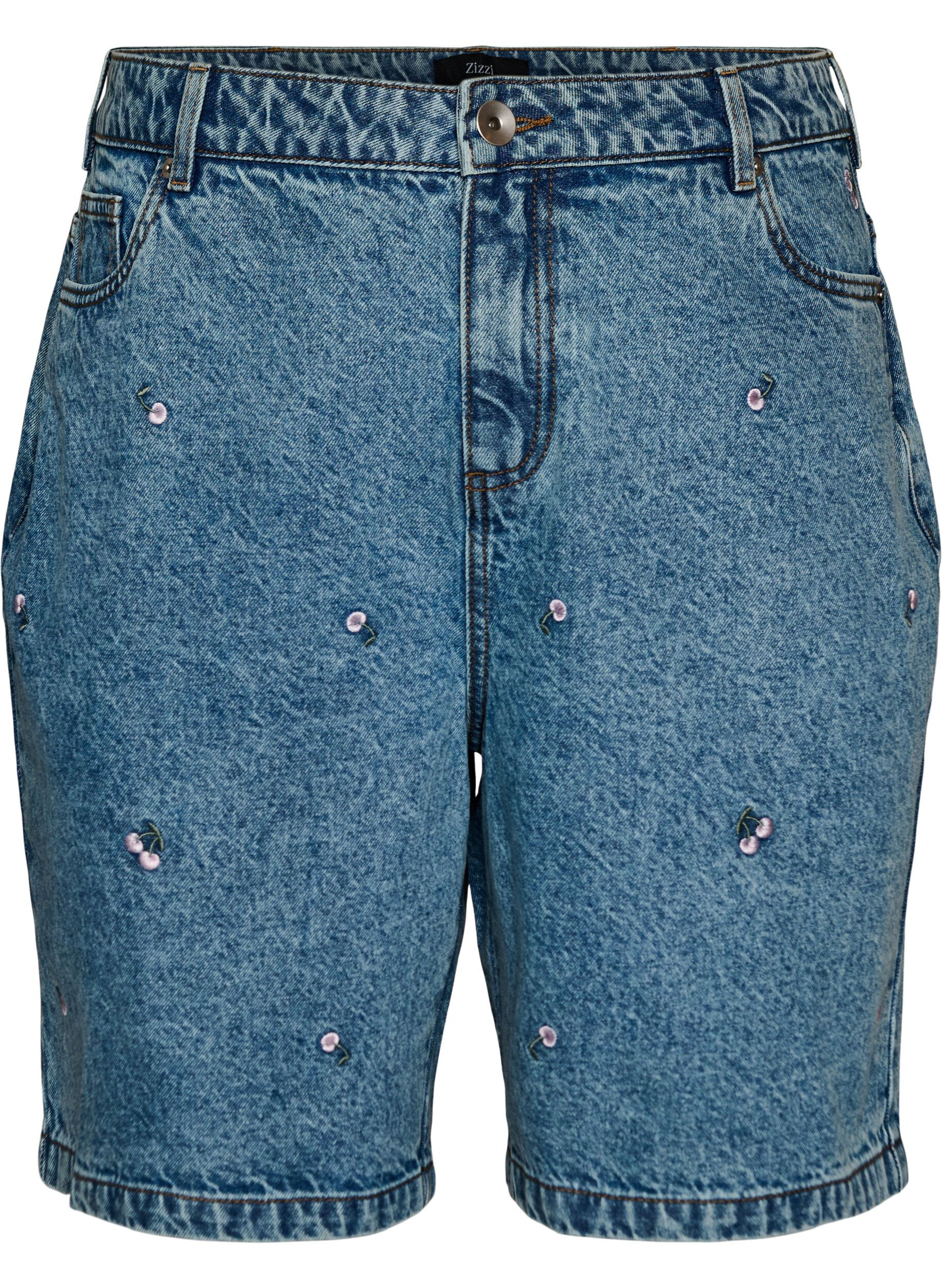 High-waisted denim shorts with embroidered motifs