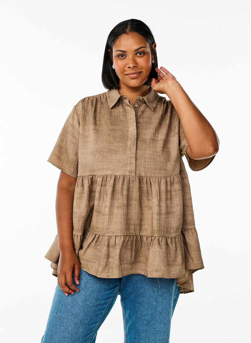 Loose blouse with collar and buttons, Brown, Model image number 0