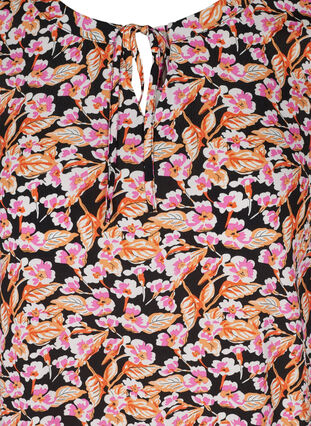 Short-sleeved viscose dress with print, Pink Flower on Black, Packshot image number 2