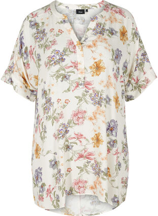 Short-sleeved viscose tunic with print, Creme Vintage Flower, Packshot image number 0