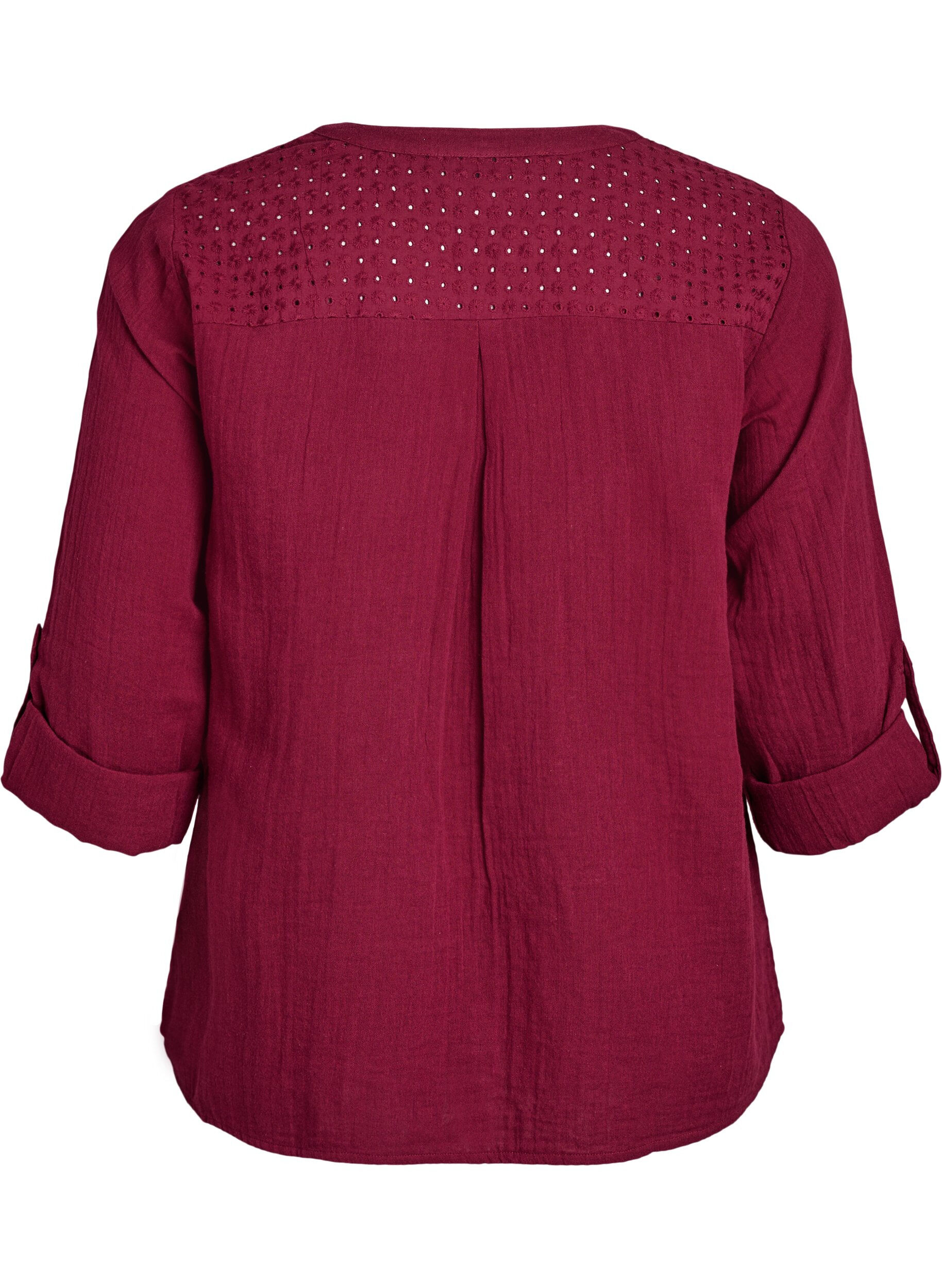 Zizzifashion Blouse in cotton muslin with broderie anglaise, Dark Bordeaux, Packshot image number 1