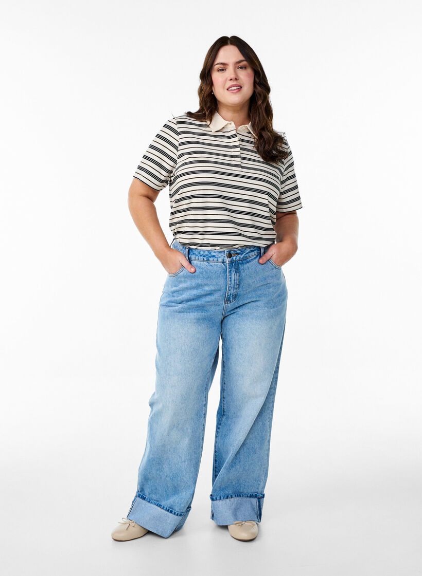 Striped polo shirt with short sleeves, White, Model image number 1