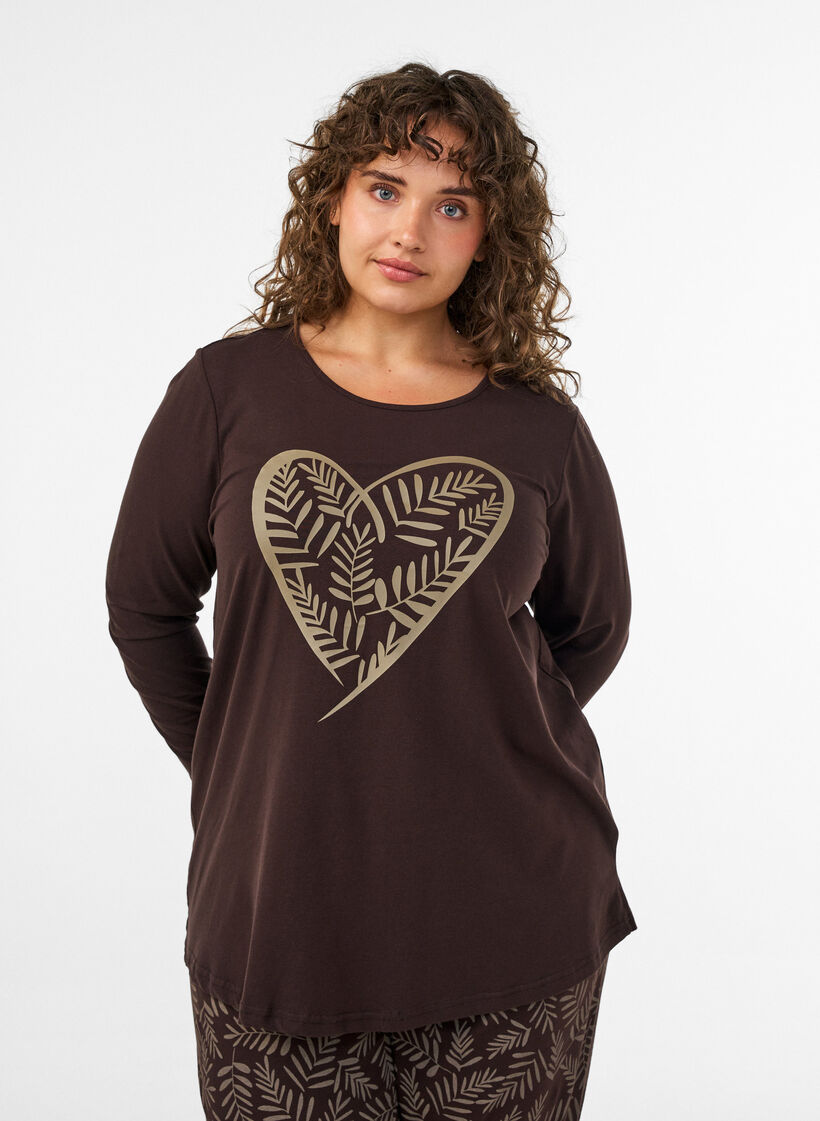 Cotton pyjama top with heart print, Brown, Model image number 0