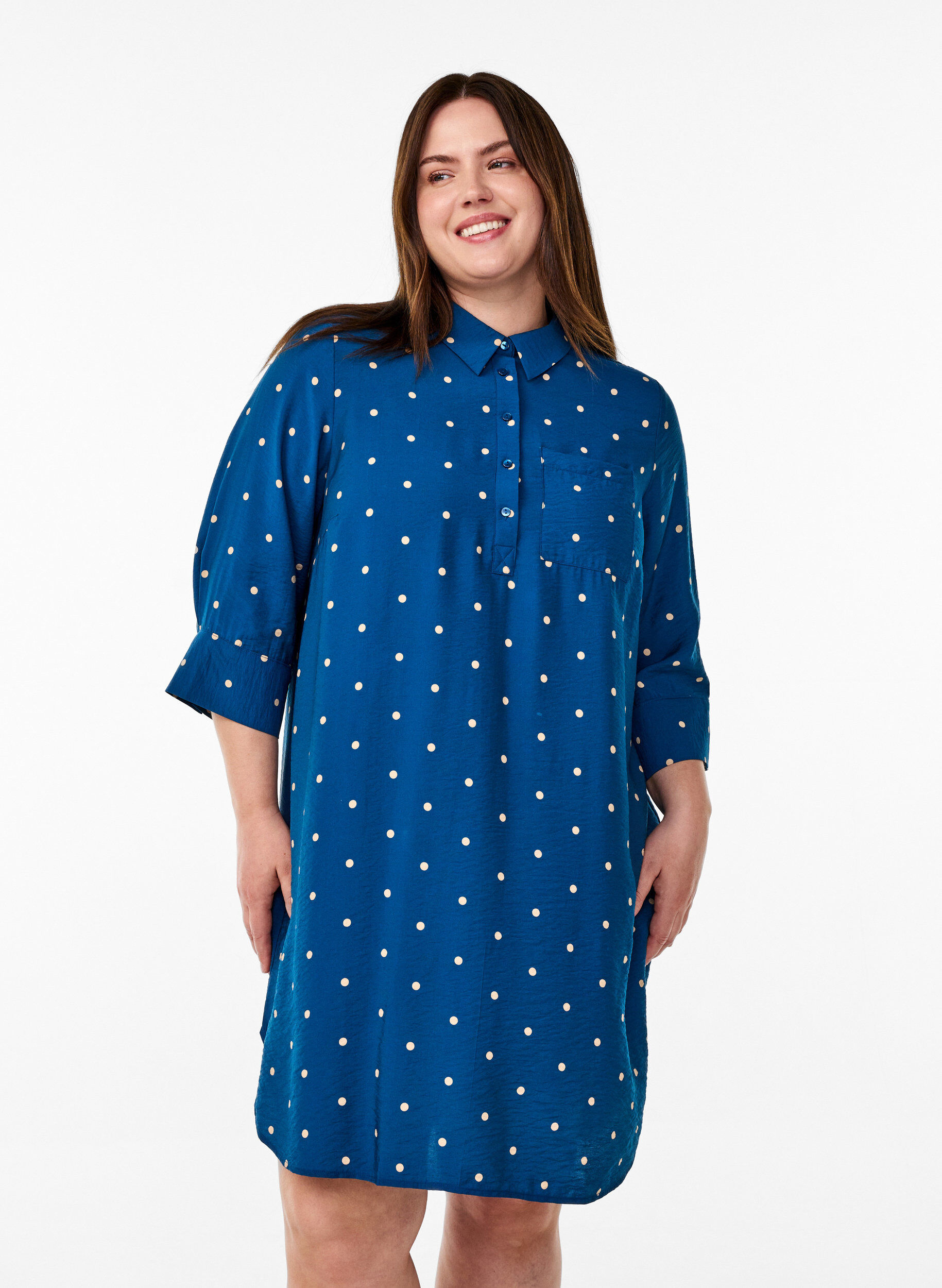 Short dress with collar and chest pocket, Blue, Model