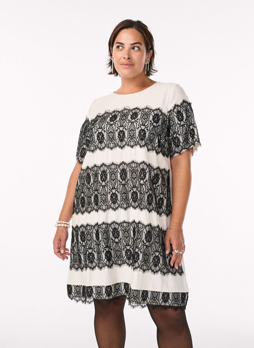 Short dress with contrasting lace panels, Beige, Model image number 0