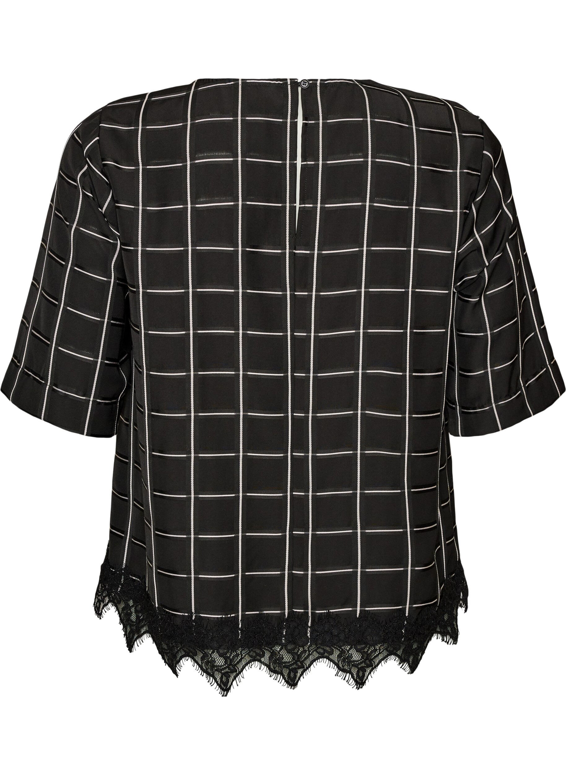 ZizzifashionChecked blouse with lace trim and elbow-length sleeves, Black, Packshot image number 1