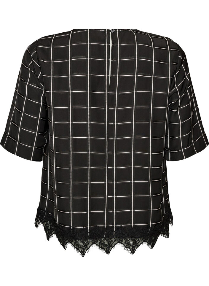 Checked blouse with lace trim and elbow-length sleeves, Black, Packshot image number 1