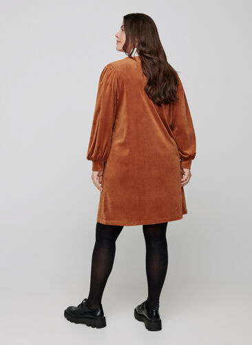 Velour dress with long puff sleeves, Brown ASS, Model image number 1