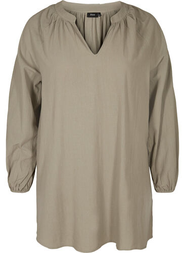 Short cotton tunic with a V-neck, Army Green , Packshot image number 0