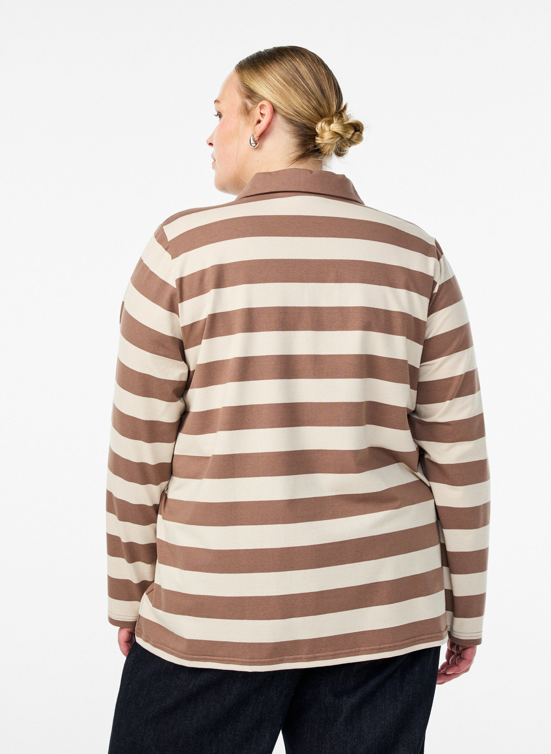 Zizzifashion Long-sleeved polo shirt with wide stripes, Brown, Model image number 2