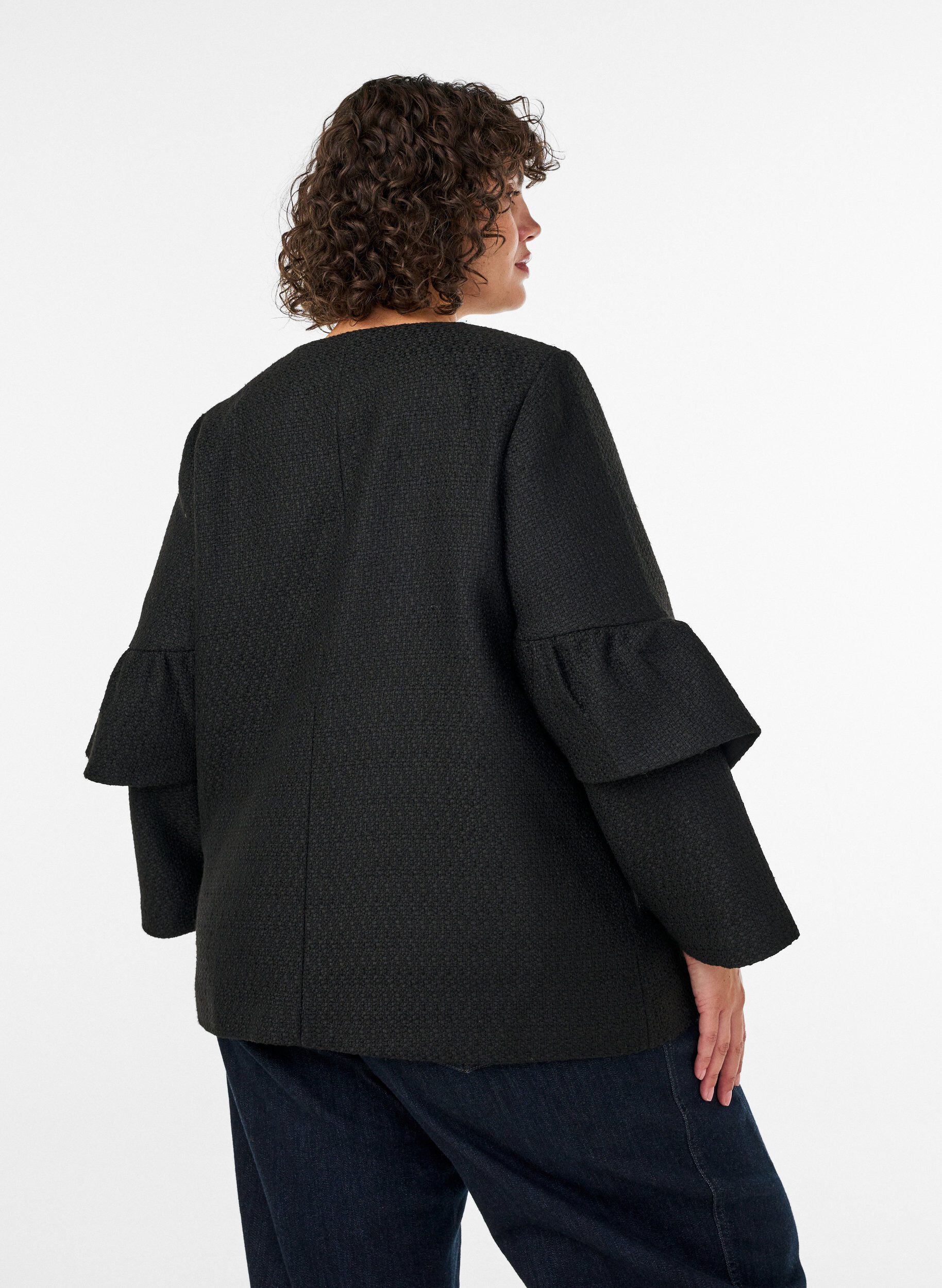 ZizzifashionBoucl&eacute; jacket with ruffle details, Black, Model image number 2