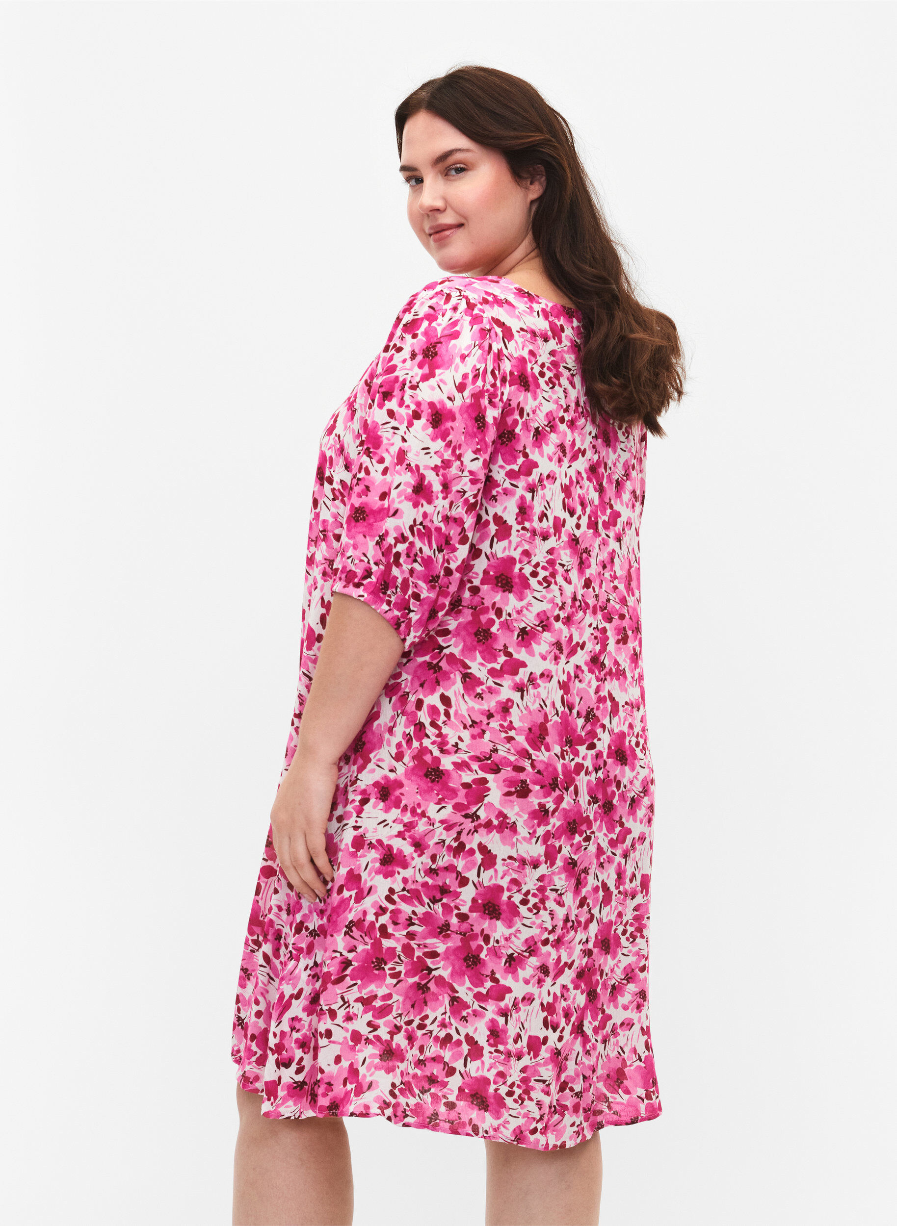 Zizzifashion Floral viscose dress with a-shape, Pink Flower Rain, Model image number 1