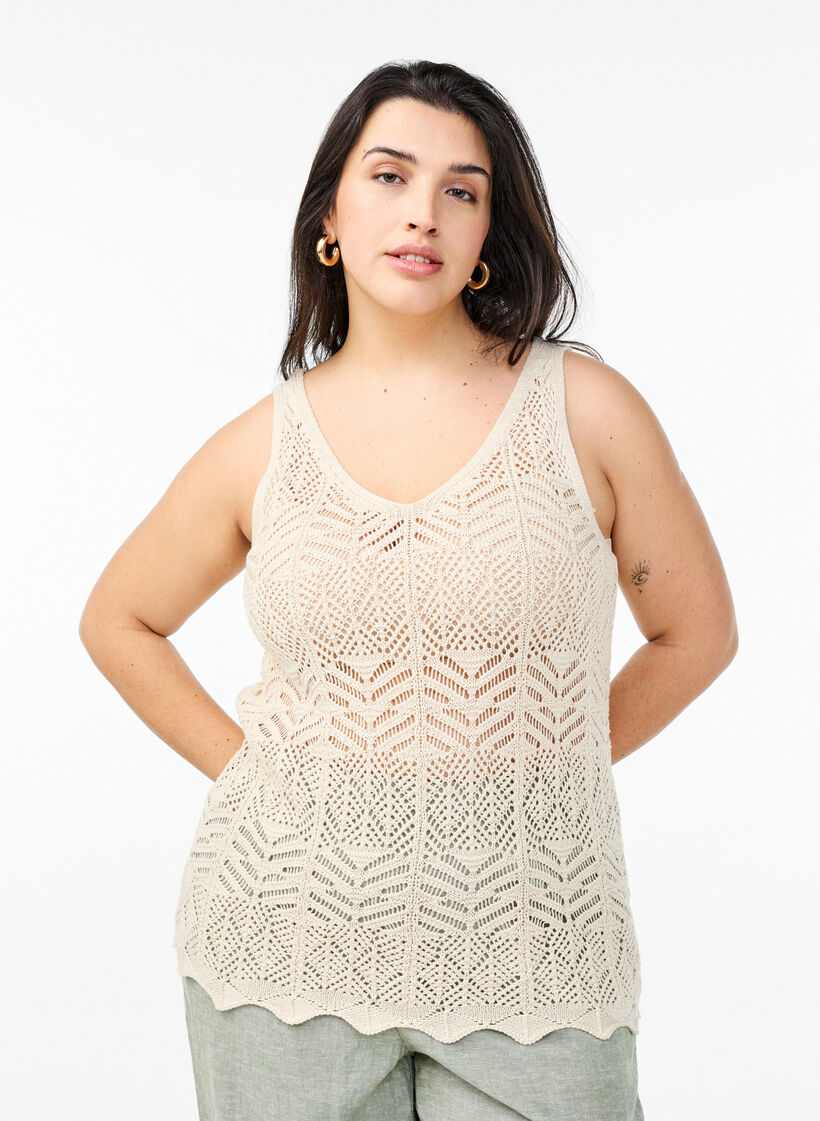 Sleeveless knitted top with v-neck, Beige, Model image number 0