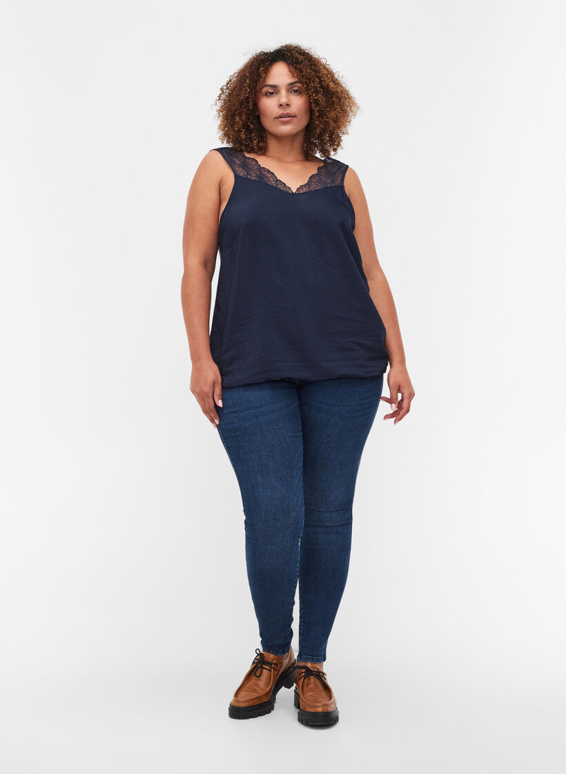 Top with lace and an elasticated hem , Navy Blazer, Model image number 2