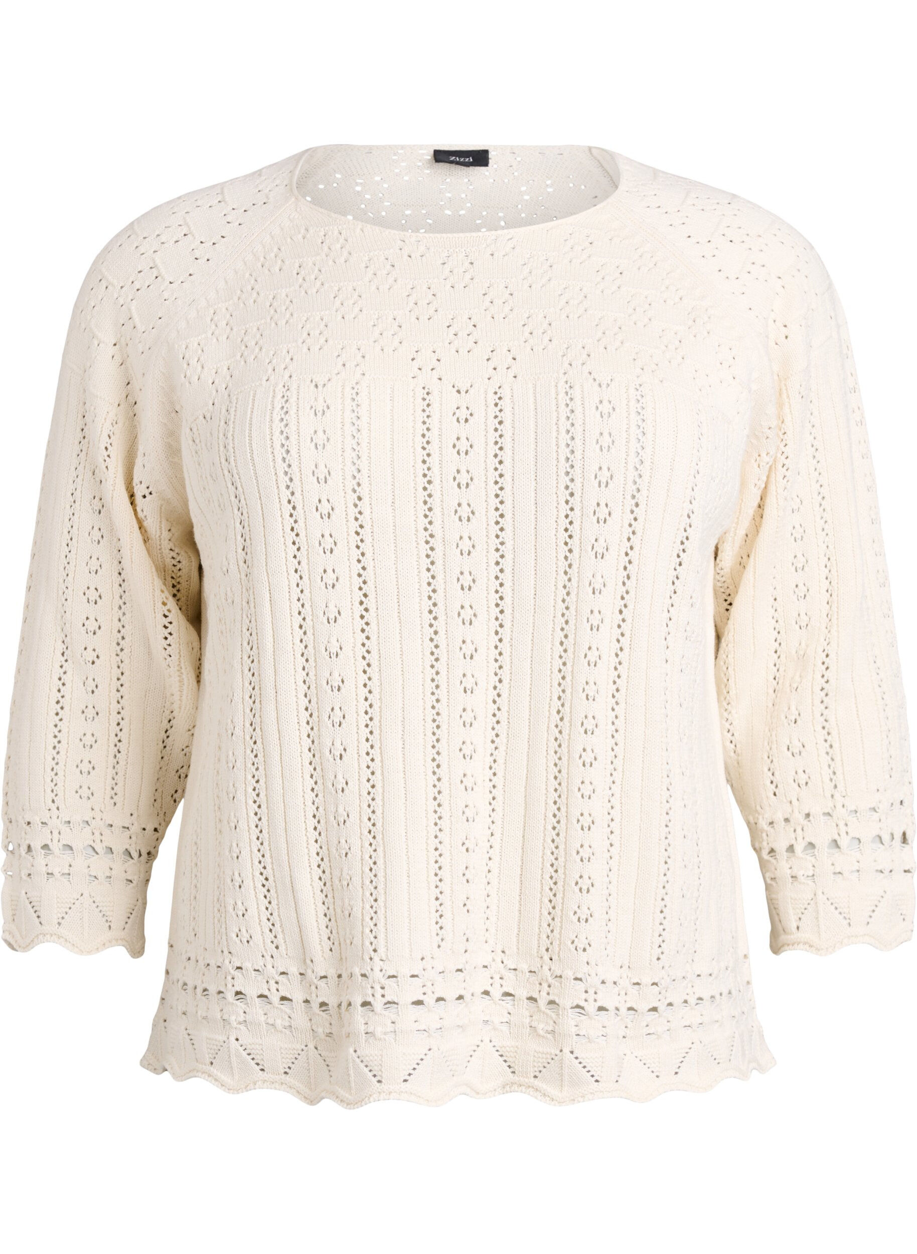 Zizzifashion Knitted top with eyelet embroidery and 3/4 sleeves, Beige, Packshot image number 0