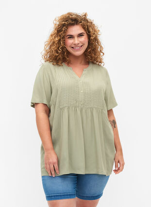 Viscose blouse with short sleeves and pleats, Seagrass , Model image number 0