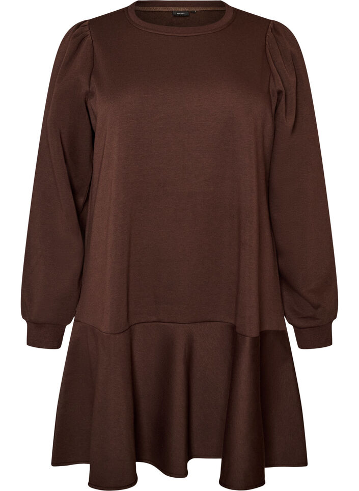 Sweatshirt dress with ruffle layers and A-line shape, Brown, Packshot image number 0
