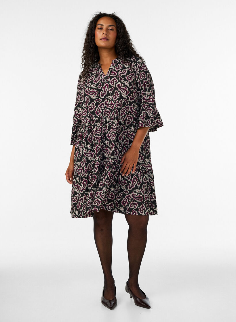 Short A-line jersey dress with an all-over print, Dark Bordeaux, Model image number 1