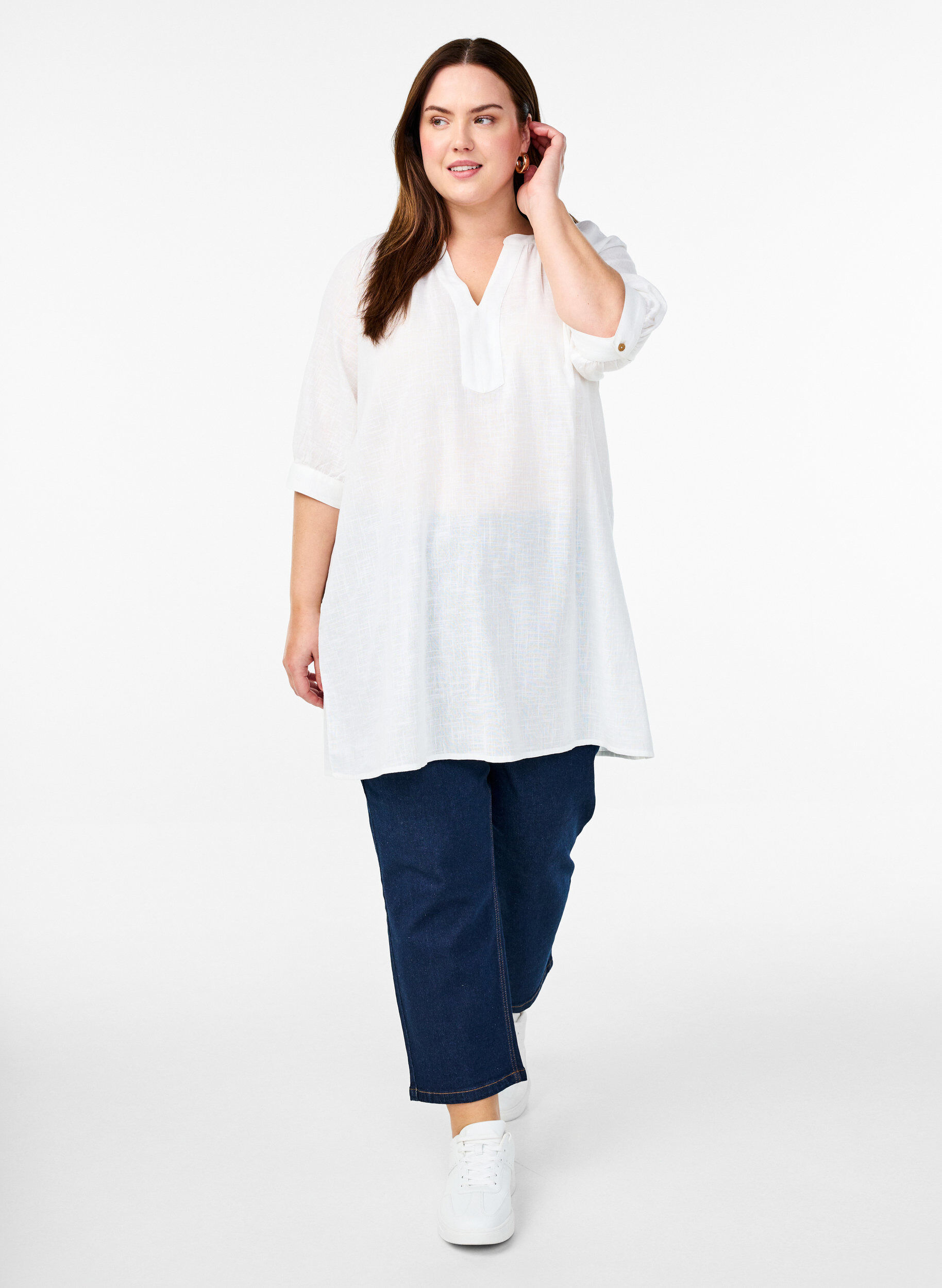 Zizzifashion Cotton tunic with a V-neck, White, Model image number 1
