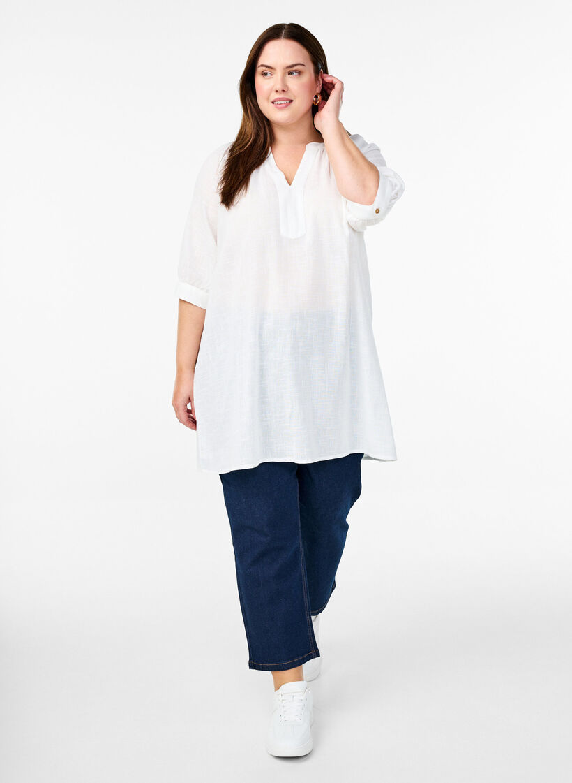 Cotton tunic with a V-neck, White, Model image number 1