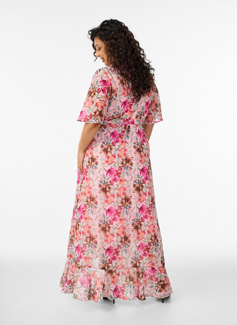 Chiffon maxi dress with a V-neck and ruffle hem, Rose, Model image number 1
