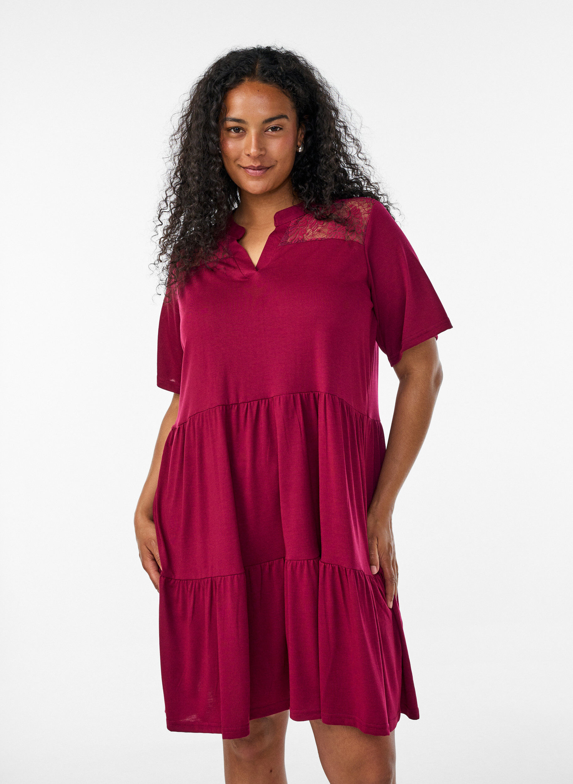 Zizzifashion Jersey dress with lace details and a layered skirt, Red, Model image number 0